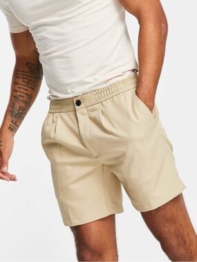 ASOS Topman Beige Twill Slim Pleat Shorts